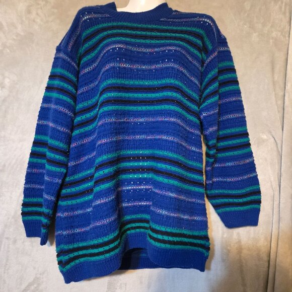 Alfred Dunner Vintage Coogi Style Inspired Striped Knit Sweater Large Blue Green - Picture 4 of 7